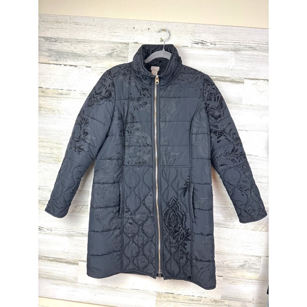 Chicos Womens M Black Flocked Velvet Long Zip Up Puffer Winter Jacket Boho Coat